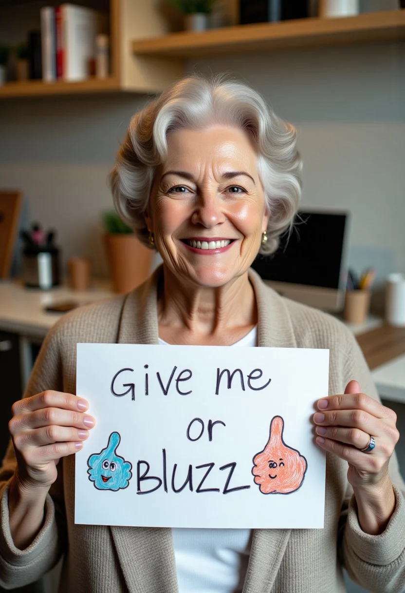 mature woman holding a sign it says "give me thumbs up or buzz",