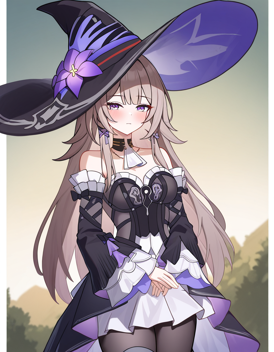 masterpiece, best quality, newest, absurdres, highres, safe,, <lora:the-herta-illustriousxl-lora-nochekaiser:1>, the herta, the herta (honkai: star rail), brown hair, long hair, purple eyes, medium breasts,, bare shoulders, black dress, black hat, detached sleeves, hat, hat flower, hat ornament, long sleeves, pantyhose, witch hat, nature, trees, animals, landscape, open, , hand on stomach, blush, looking at viewer, solo,, cowboy shot, solo