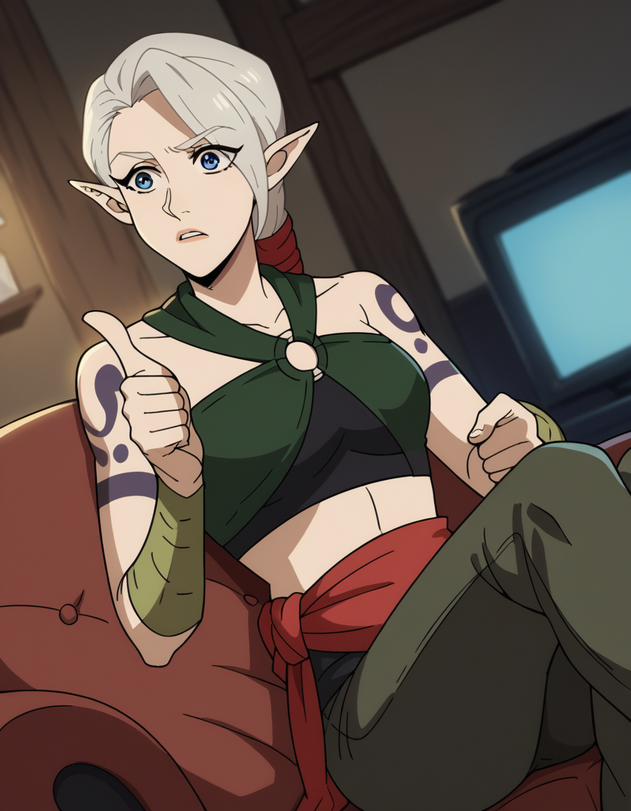 score_9, score_8_up, score_7_up, source_anime, <lora:dota-adara-anime-ponyxl-lora-nochekaiser:1>, adara, ponytail, grey hair, pointy ears, elf, blue eyes,, bare shoulders, midriff, pants, sash, tattoo,, living room, television, couch, popcorn, watching movie, night time, sitting,, , , hand showing a thumbs up, solo,, cowboy shot, dutch angle