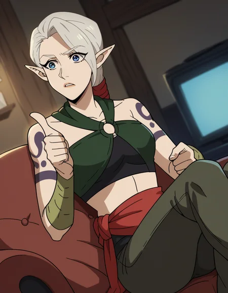 score_9, score_8_up, score_7_up, source_anime, <lora:dota-adara-anime-ponyxl-lora-nochekaiser:1>, adara, ponytail, grey hair, pointy ears, elf, blue eyes,, bare shoulders, midriff, pants, sash, tattoo,, living room, television, couch, popcorn, watching movie, night time, sitting,, , , hand showing a thumbs up, solo,, cowboy shot, dutch angle