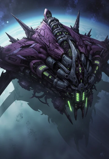 A digital painting in the style of ck-js, capturing a solitary, colossal Zerg-inspired bio-cruiser with a more predatory, forward-swept design. Sharp, blade-like carapace formations in dark purple and obsidian black define its aggressive silhouette. Exposed muscle fibers and glowing green nerve clusters run along its spine. Banks of organic weapon systems are clustered near the front, potentially dripping ichor or leaking bio-plasma. It hovers ominously above the rings of a gas giant. Focus on immense scale, aggressive organic design, speed (implied), and its role as a Zerg war beast.