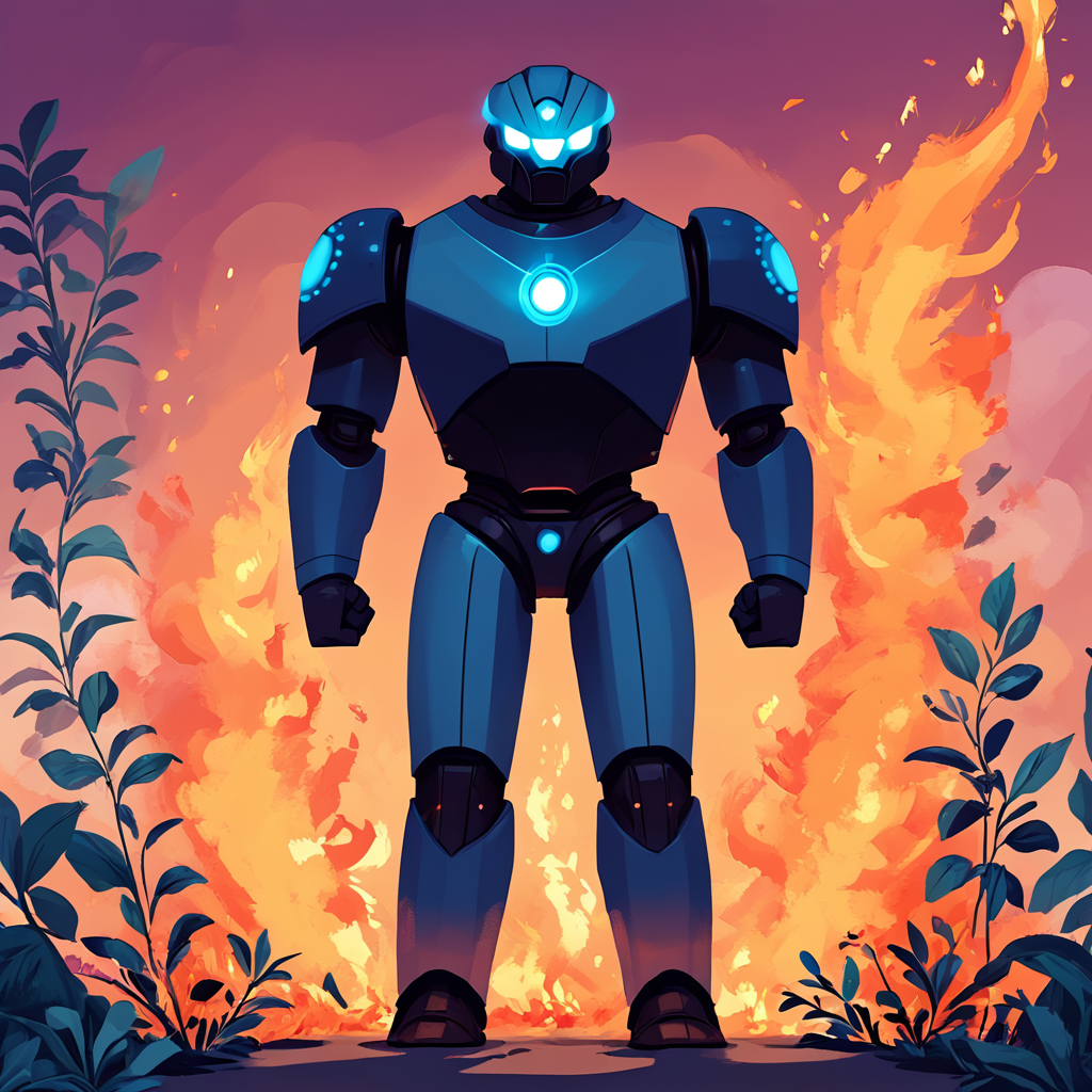 Score_9, score_8_up, score_7_up, score_6_up, BREAK  <lora:Flat_Cartoon_IllustrationPony:1> ArsMJStyle, Flat Cartoon Illustration, The image shows a man in a blue suit standing in front of a vibrant sunset surrounded by lush plants. The man is animated giving the image a dynamic feel., solo, male focus, clenched hands, glowing, 1boy, standing, fire, glowing eyes, looking at viewer, robot