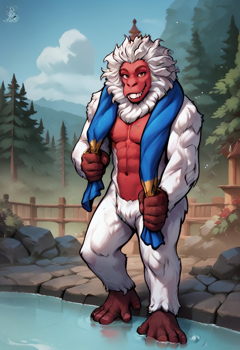 hodan, baboon, white fur, red skin, monkey, furry, towel, holding towel, score_9, score_8_up, score_7_up, score_6_up, score_5_up, score_4_up zPDXL, solo, light effects, (high quality:1), (realistic:1.2), good anatomy, solo, nice angle, (fullbody:1),  halfbody, standing, outdoors, hot springs, temple, forest, looking at viewer, smile