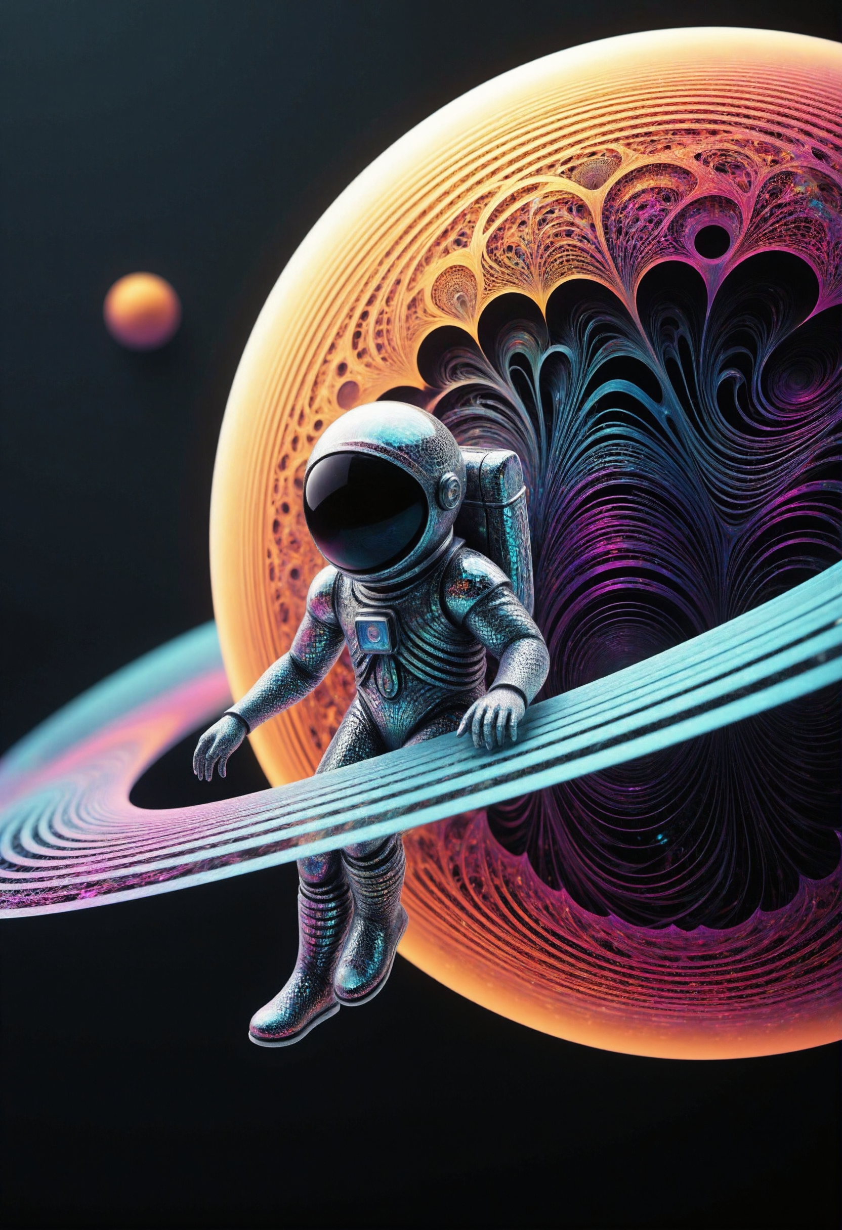 A high-quality photograph of a small astronaut in orbit of a ringed planet made of fractangles. The planet is partially in view. <lora:Hyper-FLUX.1-dev-16steps-lora:0.15> <lora:Challenge_Winnifier_ENTERPRISE_EDITION_epoch_5:0> <lora:Fractangles_Flux:1>
