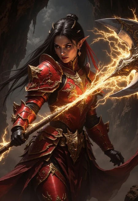detailed renaissance oil painting, masterpiece, FredFraiStyle, an oriental female knight in red plated armor with bright yellow embellishments, long two-tone hair (dark with red streaks), bangs, earrings, dark eyeshadow, red lips, holding a large magical battleaxe (sparking with yellow electrical energy) with both hands, dynamic pose, in a damp cave, directional lighting, masterpiece, perfect composition, perfect hands, cowboy shot