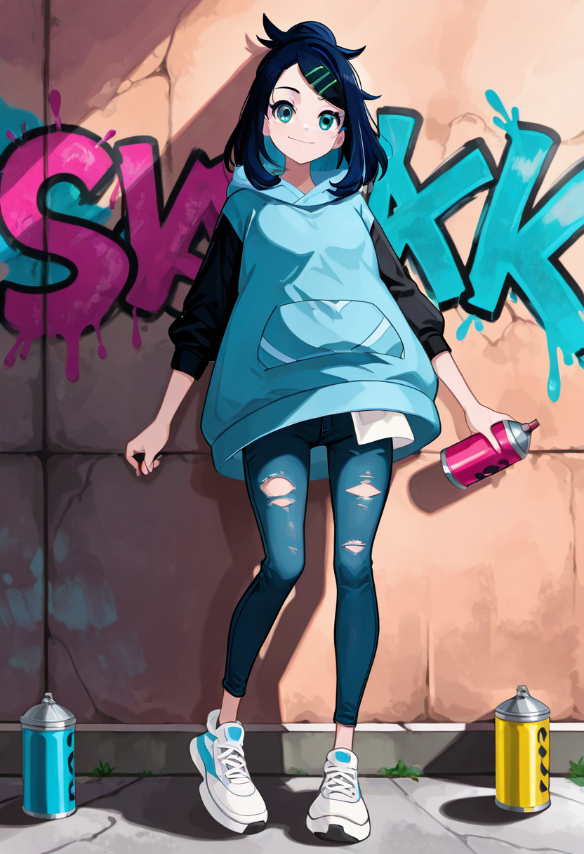 masterpiece, best quality, 1girl, eyelashes, (beautiful eyes), looking at viewer, smile,  dark blue hair,   [Street Artist Vibes] zzLikoMV, 1girl, solo, turquoise eyes, blue hair, medium hair, oversized jacket, spray paint cans, ripped jeans, sneakers, graffiti wall, colorful street art, urban vibe â zzLikoMV leans casually against a graffiti-splashed wall, her turquoise eyes alive with creativity as she watches the spray paint cans in her hands. Her medium-length blue hair flows with a sense of freedom, her oversized jacket adding to her relaxed street artist look. Her ripped jeans and sneakers complete the urban vibe, as vibrant street art bursts from the background, mirroring her creative energy.   (dynamic pose, foreshortening),  ,<lora:LikoMegaVoltagePokemon_IXL:1.0>,   <lora:CoutureCraze_IXL:0.7>,