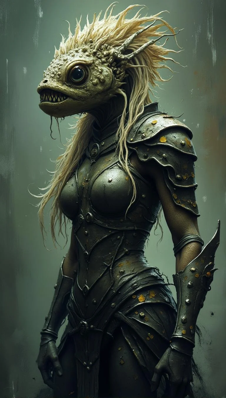 <lora:Green_cuties-000004.safetensors:1> A grainy, poorly lit image captures
A warrior woman with a fish head and human body, clad in armor adorned with black and gold accents, stands tall, exuding strength and ferocity. Her blonde hair cascades down her back, framing her sharp features, while her muscular physique seems honed for battle. The surreal fusion of aquatic and terrestrial elements creates an unsettling yet captivating visual presence.