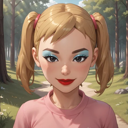 score_9, score_8, BREAK, solo, wii, mii, wii sports, 1girl, female mii, cute, blonde hair, twintails, brown eyebrows, makeup, blush, blue eyeshadow, red lips, lipstick, pink clothing, white pants, shoes, breasts, nintendo mii, modern_mii, classic_mii, Miyuki_(OC_Mii), black eyes, self portrait, smile, outdoors, sunlight, shadows, evening lighting, natural lighting, forest, trees, grass, orange sky, sunset