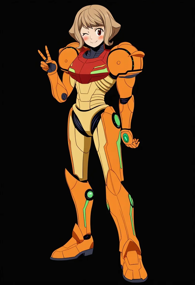 1girl, solo, AtraM1xt, short hair, brown hair, red eyes, PrimeVaria, power_suit, power armor, gauntlets, robot hands, hand behind back, looking at viewer, blush, embarrased smile, wink, peace sign, standing, black background, full body view.<lora:Atra Mixta - Gundam IBO-000008:1>