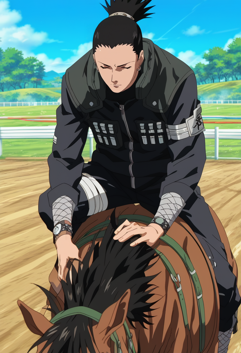score_9,score_8_up,score_7_up,score_6_up,masterpiece, full body, 1boy, Shikamaru a determined konoha shinobi, sm_an_stl ,source_anime, anime screencap, anime, animification,
<lora:add-detail-xl:1> ,<lora:Shikamaru:1>, <lora:Smoother_Anime_Screencap_Art_Style_Pony_LORA:1>, ,Ride a horse in a competitive equestrian event,Bran Castle Romania