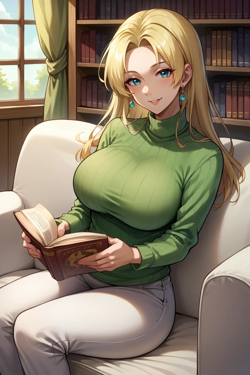 score_9, score_8_up, score_7_up, score_6_up, source_anime BREAK 1girl, solo,  <lora:fe8selena-pdxl-nvwls-v1-000005:1> feSelena, blonde hair, long hair, big breasts, green sweater, turtleneck, bookshelf, white pants, sitting, reading, couch, smile, looking at you