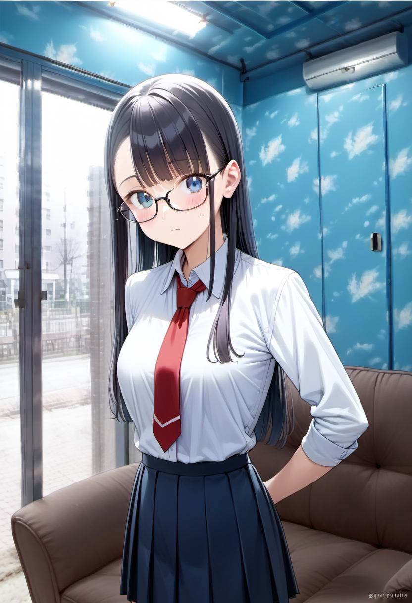 score_9, score_8_up, score_7_up, rating_safe, masterpiece, best quality, absurdres, unity 8k wallpaper, official art, official style, source_anime, uncensored, game cg, megami magazine,
1girl, solo, glasses, black hair, long hair, blue eyes, collared shirt, red necktie, pleated skirt, blue skirt, looking at viewer, blush, 
mmgo, window, scenery, indoors, curtains, couch, tree, building, day, cityscape, city
 <lora:mmgo_PONY_V1-000100:0.8>