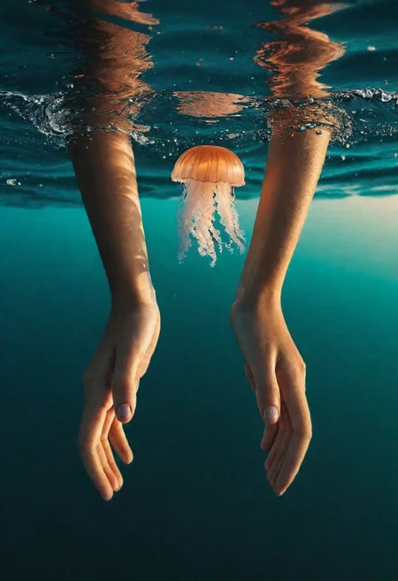 Create a captivating description for a photo featuring two hands reaching down into the ocean from above, gently caressing a jellyfish.
a neon-pastel sunset landscape, photorealistic, 