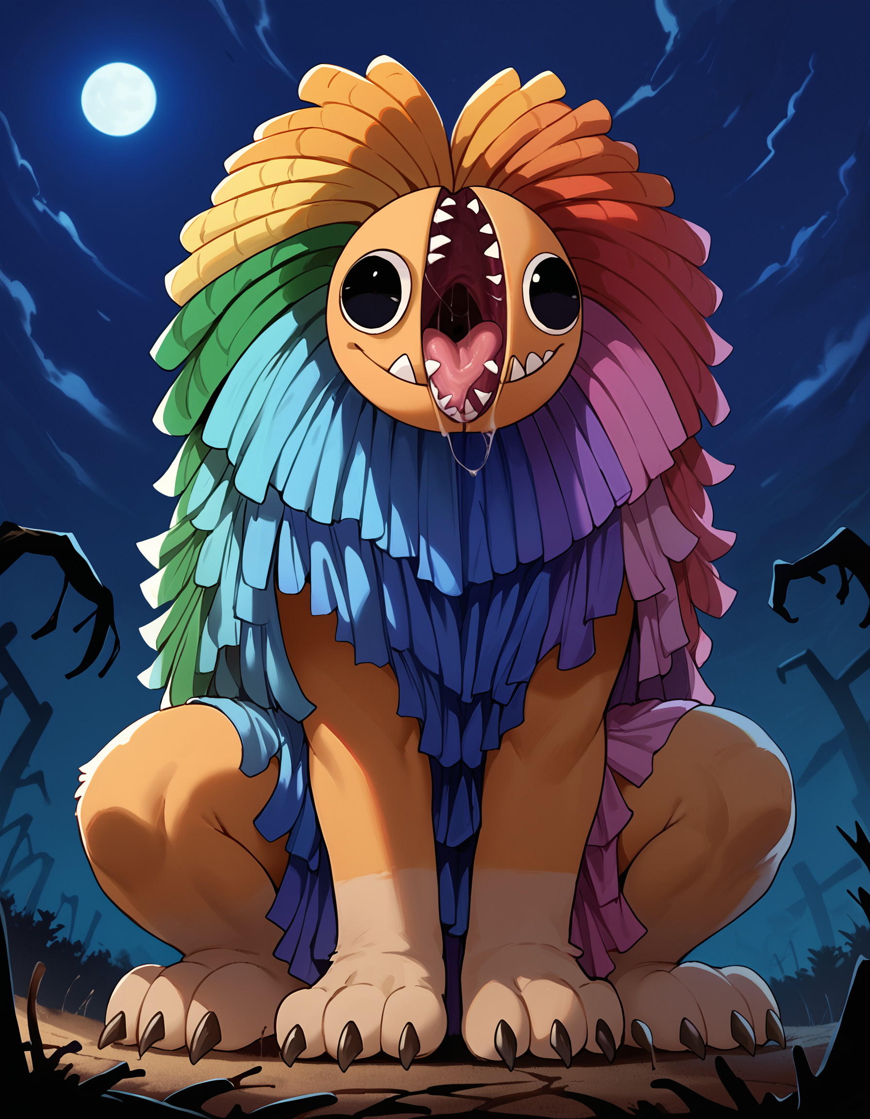 score_9, score_8_up, score_7_up, source_furry, high quality, hires, furry, anthro, adult, <lora:addetailv3_by_n0utis_pony.safetensors:1.0>, dutch angle, feral, huge feral, male, solo, adult, yarnaby, poppy_playtime, no humans, black eyes, fangs, horror (theme), (no ears:1.15), no nose, saliva, huge mane, open mouth,  <lora:Yarnaby_Poppy_Playtime_Pony:1.0>,  three-quarter view, low-angle view, full-length portrait, looking aside, hands on legs, paizuri on lap kneeling on one leg