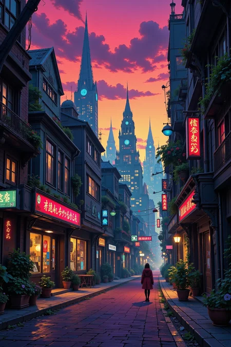 a cyberpunk futuristic street beautiful  landscape, morning, woman, very intricate, very detailed, sharp, bright, colorful, <lora:Hand v2:0.5> <lora:Anti-Blur:1><lora:Insane Detail Slider:0.25>  <lora:flux.1_lora_flyway_Epic-detail_v2:0.3> <lora:fluxenhancer:0.25> <lora:Anime_style:0.6> anime style