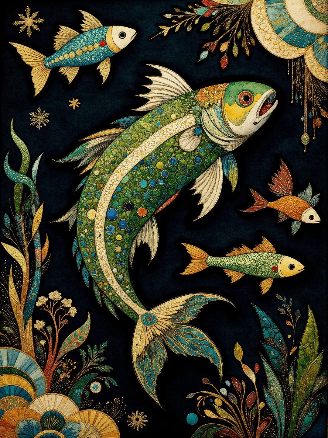 Medieval themed artwork depicting black-toned Chinese underwater landscape, armoured bioluminescent fish, punk, intricate white and green filigree, damaged, billowing bright glitter, very detailed. The overall feel of the image is painterly. Additionally the image incorporates elements of mixed media including flowing lines drawn with fine pens and appliqued copperleaf. The general effect is of timeless fine art elegance. <lora:Paper_Marbling_Flux:0.5> <lora:Embroidered_Quilting_Flux:0.4> <lora:Eldritch_Watercolor_for_Flux:0.5> <lora:midjourney_whisper_chromaplex_v1:0.6> <lora:BookOfKells-Rapid:0.5>
