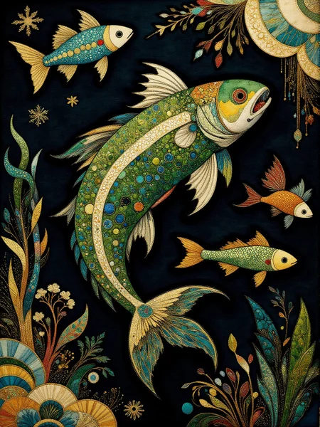 Medieval themed artwork depicting black-toned Chinese underwater landscape, armoured bioluminescent fish, punk, intricate white and green filigree, damaged, billowing bright glitter, very detailed. The overall feel of the image is painterly. Additionally the image incorporates elements of mixed media including flowing lines drawn with fine pens and appliqued copperleaf. The general effect is of timeless fine art elegance. <lora:Paper_Marbling_Flux:0.5> <lora:Embroidered_Quilting_Flux:0.4> <lora:Eldritch_Watercolor_for_Flux:0.5> <lora:midjourney_whisper_chromaplex_v1:0.6> <lora:BookOfKells-Rapid:0.5>
