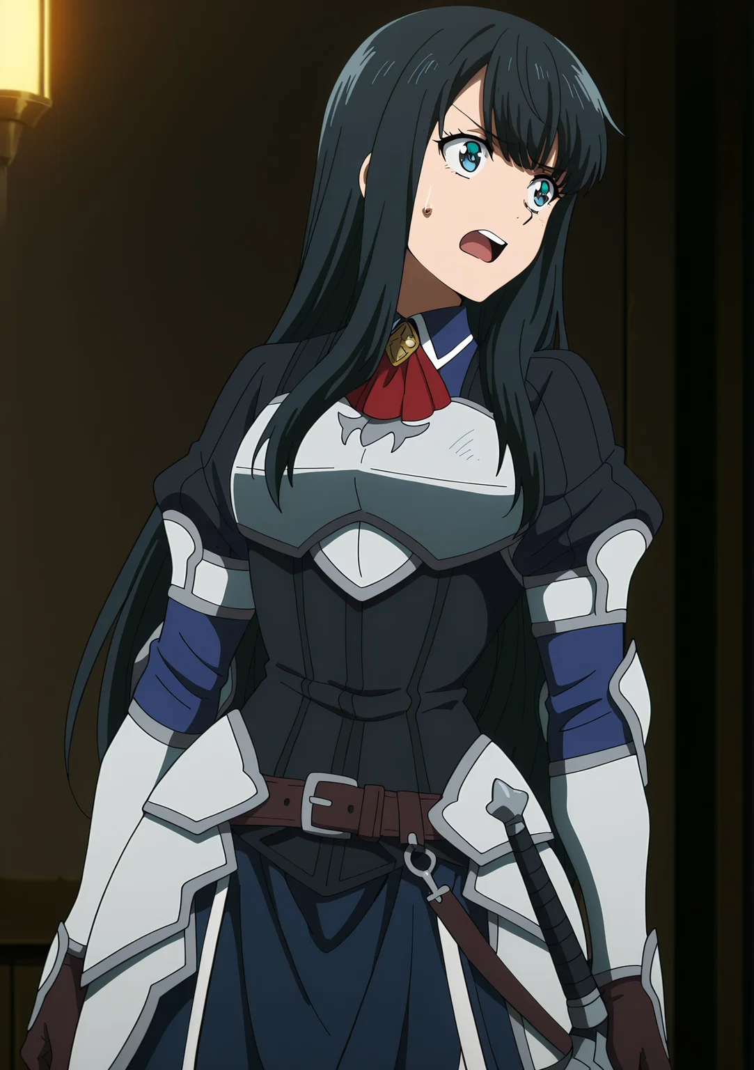 volumetric lighting, official style, amazing quality, ultra detailed, highres, detailed background,anime coloring, (anime screencap) masterpiece, detailed face,1girl<lora:Suzune_Inukami__:0.9>Suzune_Inukami, long hair, armored dress, black hair, weapon, blue eyes, open mouth, gloves, sword, solo, breastplate, brown gloves, belt, sweatdrop
