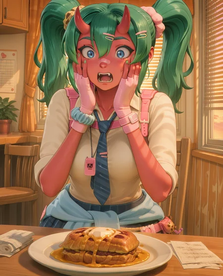 highly detailed, (upper body:1.3), (detailed background, kitchen, sunset, golden hour, shutters, blinds down, blinds, wooden table, wooden chair, orange interior, indoors:1.2), (delicious food, surprised, hands on own face, crumbled paper, wrinkly paper on plate, paper on plate:1.5), fortnite_nemia, 1girl, solo, green hair, twintails, ponytail, long hair, bangs, hair between eyes, hair over one eye, ears, horns, oni horns, single horn, red skin, pink skin, blue eyes, parted lips, bandaid, bandaid on nose, bandaid on thighs, breasts, shirt, school uniform, necktie, plaid skirt, thighhighs, socks, loose socks, boots, jewelry, earrings, bracelet, charm, belt, gloves, fingerless gloves, knee pads, leg warmers, collarbone, solo, colored skin, hair ornament, hairclip, scrunchie, holster, striped necktie, clothes around waist, oni, plaid, charm (object), blue necktie, sweater around waist, animal print, heart, shoes, star (symbol), thigh holster, fangs, teeth, <lora:Fortnite_Nemia_Demonically_Cute_Set_ILXL_E41_16_DIM:1>, <lora:delicious_food_surprised_hands_on_own_face:0.8>