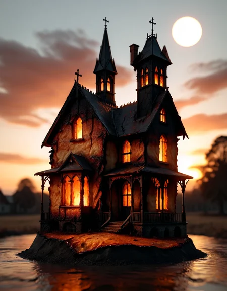 landscape of a Oppressive made of ral-roasted, at Sunset, Simple and clean, Victorian Gothic Art, Hypersaturated, minimalistic, sleek, macabre, <lora:ral-roasted-sdxl:0.8>, intricate, detailed, highly detail, badge, magical, intricate artistic color