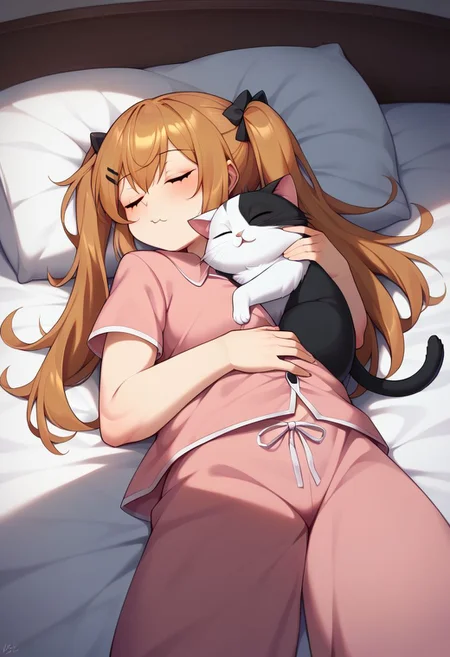 score 9, score 8 up, score 7 up, detailed background, shiny skin, <lora:ump9.pony:1>, ump9, bedroom, bed, sleeping, eyes closes, snoring, relaxed, peacefull, cat, huge cat, cuddling with cat, pajamas,