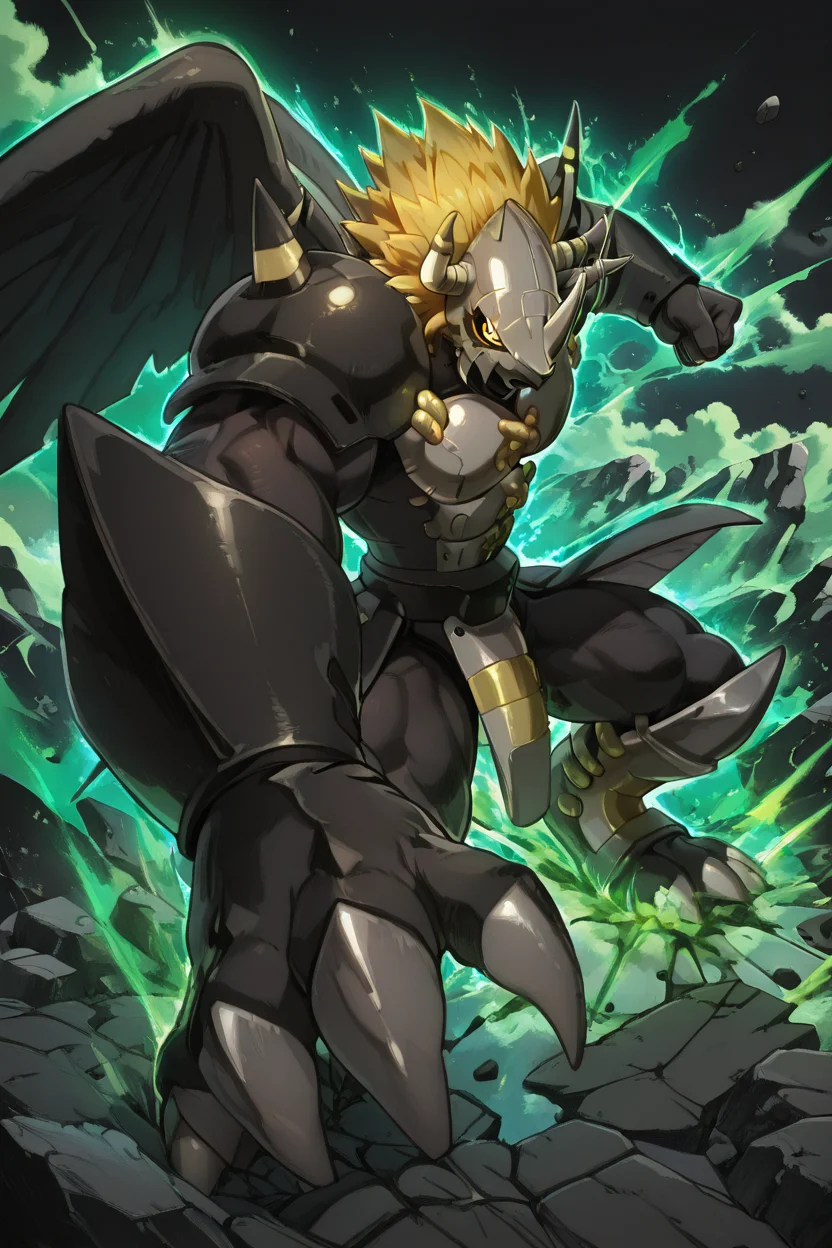 masterpiece, best quality, zzBlckWrgrymn, solo, no humans, horns, armor, helmet, blonde hair, spikes, yellow eyes, 1boy, male focus, monster, claws, robot, shoulder pads, mask, wings, dynamic pose, incoming attack, foreshortening, dynamism, motions lines, green aura, serious, green plain, black sky, cloud, smashed ground, rocks floating, side view, muscular, glowing, muscular male, clenched hand, looking at viewer, glowing eyes, gold eyes, <lora:BlackWargreymonDigimonIXL:1.0>, <lora:DBSBroly_Style_IXL_v2:0.8> <lora:IckpotIXL_v1:0.6>,