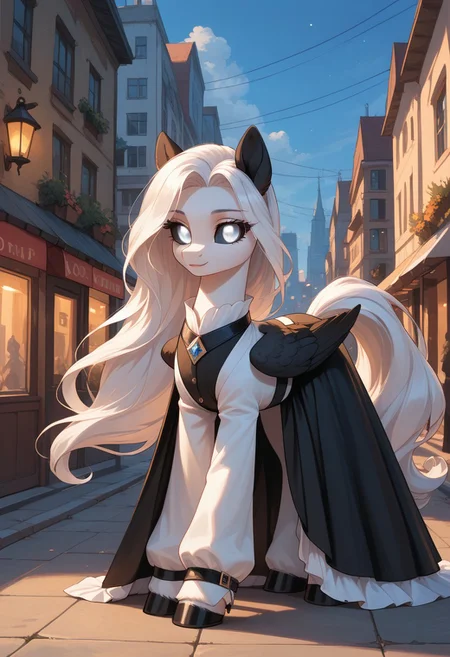 score_9, score_8_up, score_7_up, score_pony,
BREAK
Albina, 1girl, feral pony, pony, white fur, (white long hair:1.2), black sclera, white eye, (glowing white eyes:1.4), (black wings:1.1), (black ears:1.1), cute, long dress walking city at night