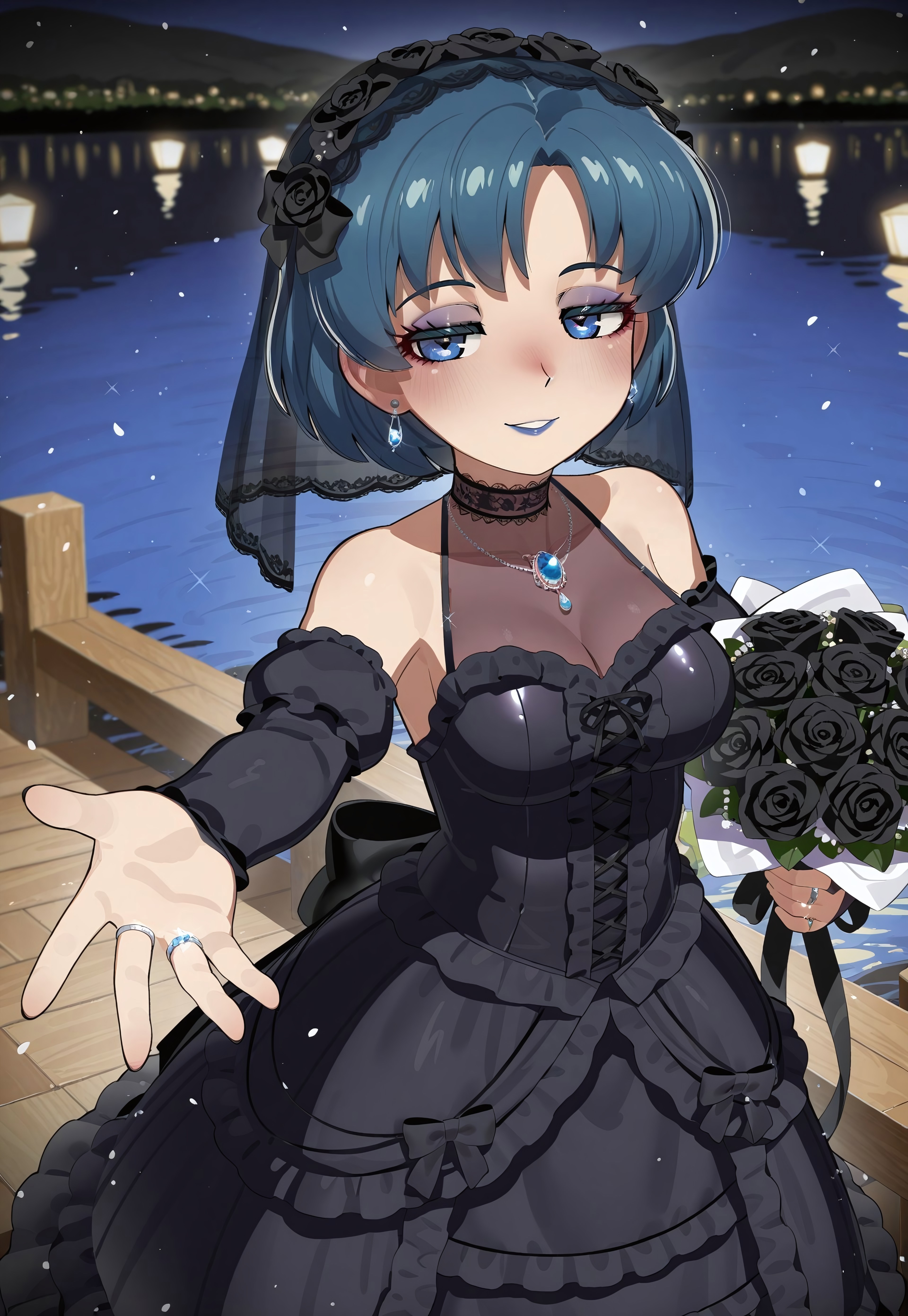 safe_pos, Mizumizuni, 1girl, mizuno ami, blue yes, blue hair, masterpiece, best quality, absurdres, medium breasts,
(goth fashion), [gothic_lolita], gothic bride, black wedding dress, see-through cleavage, multilayered dress, long skirt, frilled skirt, bridal gauntlets, gothic bridal veil, lace trim, bare shoulders, detached sleeves, high collar, lace choker, gothic earrings, ornate ring, necklace, gem brooch, jewelry, bouquet, holding bouquet,
dark lipstick, dark blue lips, long eyelashes, eyeshadow, eyeliner, mascara, gothic makeup,
outdoors, path, black flowers, night, pier, lake,  
solo, cowboy shot, standing, smile, half-closed eyes, parted lips, looking at viewer, outstretched arm, outstretched hand, wedding ring, (glitter, sparkling clothes, sparkling hair),
intricate, highly detailed, majestic, shallow depth of field, movie still, moody