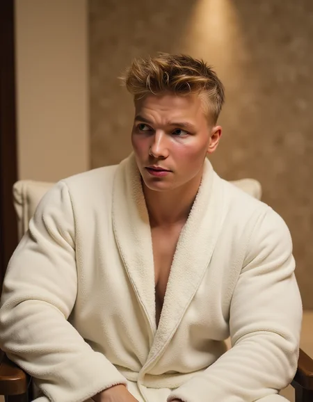 TimLaurez: , high-resolutiuon photograph, wearing fitted fluffy white bathrobe. He is sitting on a chair in the spa area of a luxurious hotel. The light creates a calming atmosphere. Cinematic still. Fullbody-shot. View from below
  <lora:aidmaRealisticSkin:0.3>     <lora:TimLaurez:1>