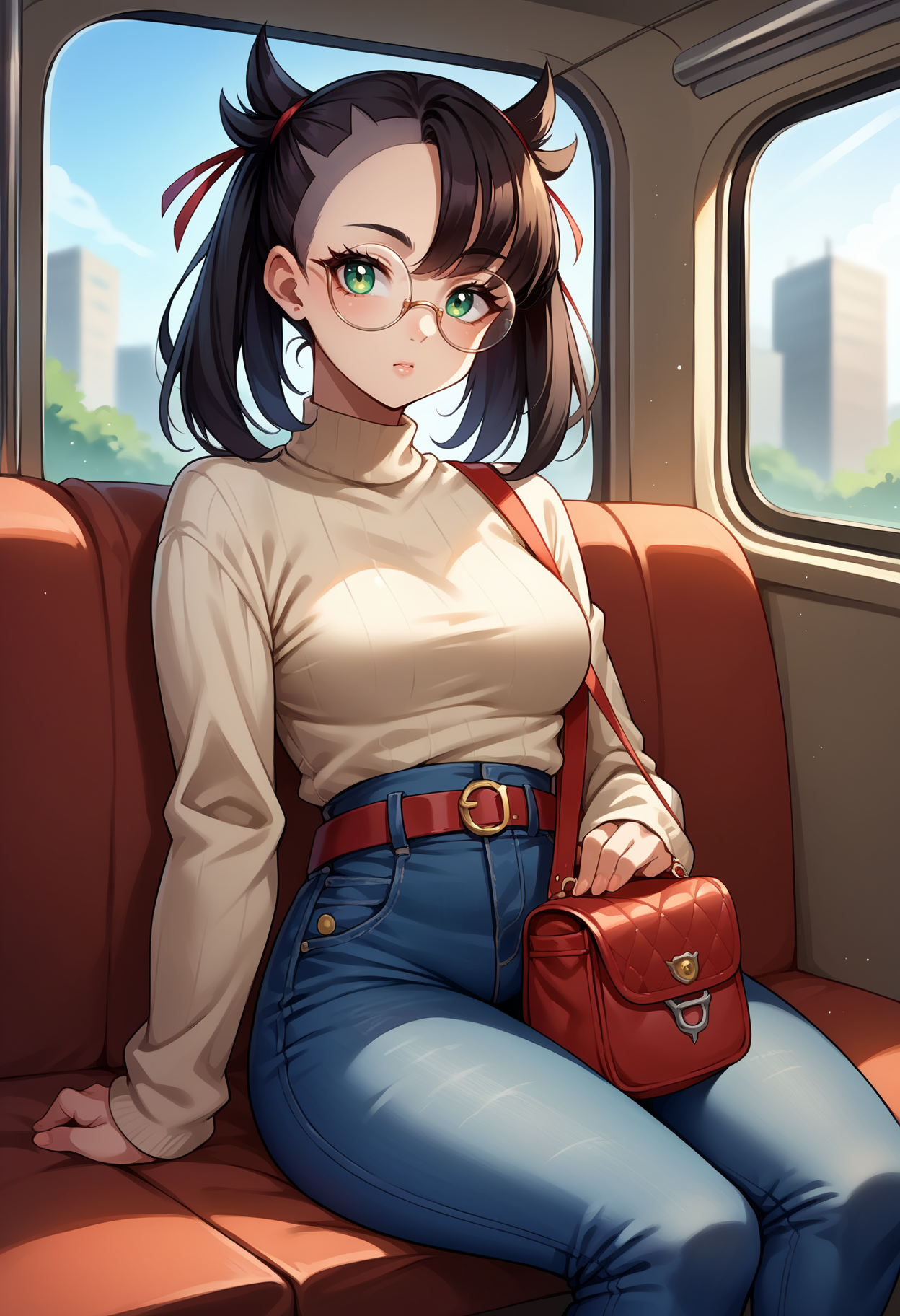 score_9, score_8_up,score_7_up, source_anime, rating_safe, 1girl, solo, <lora:EPpkMarnie:1>, black hair, hair ribbon, green eyes, twintails, asymmetrical bangs, red ribbon, 
Mary,
 medium breasts, sweater,tight clothing,sitting,subway,looking at phone,high-waist jeans,bag,belt,round-frame glasses