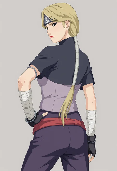 score_9,score_8_up,score_7_up, game cg,
from back, looking back, hand on hip.
yugitore, solo, 1girl, looking at viewer,
black eyes, blonde hair, forehead protector,lipstick, ponytail,
black and purple blouse, short sleeves, fingerless gloves, bandaged arms, bracelet around arm,
purple pants, red belt,
closed mouth, shy,
simple background,perfect lighting,
<lora:Naruto_YugitoNii_RE_PXL-000014:1>