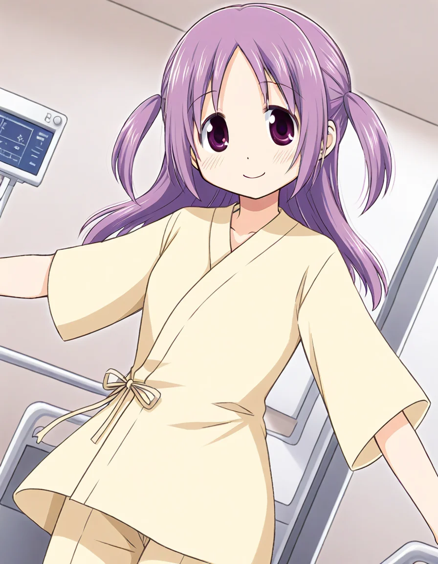 misono karin, beige hospital gown, beige pants, smile, solo, hospital, dutch angle, <lora:20241012224748_misono_karin_animagine-xl-3.1:0.7>