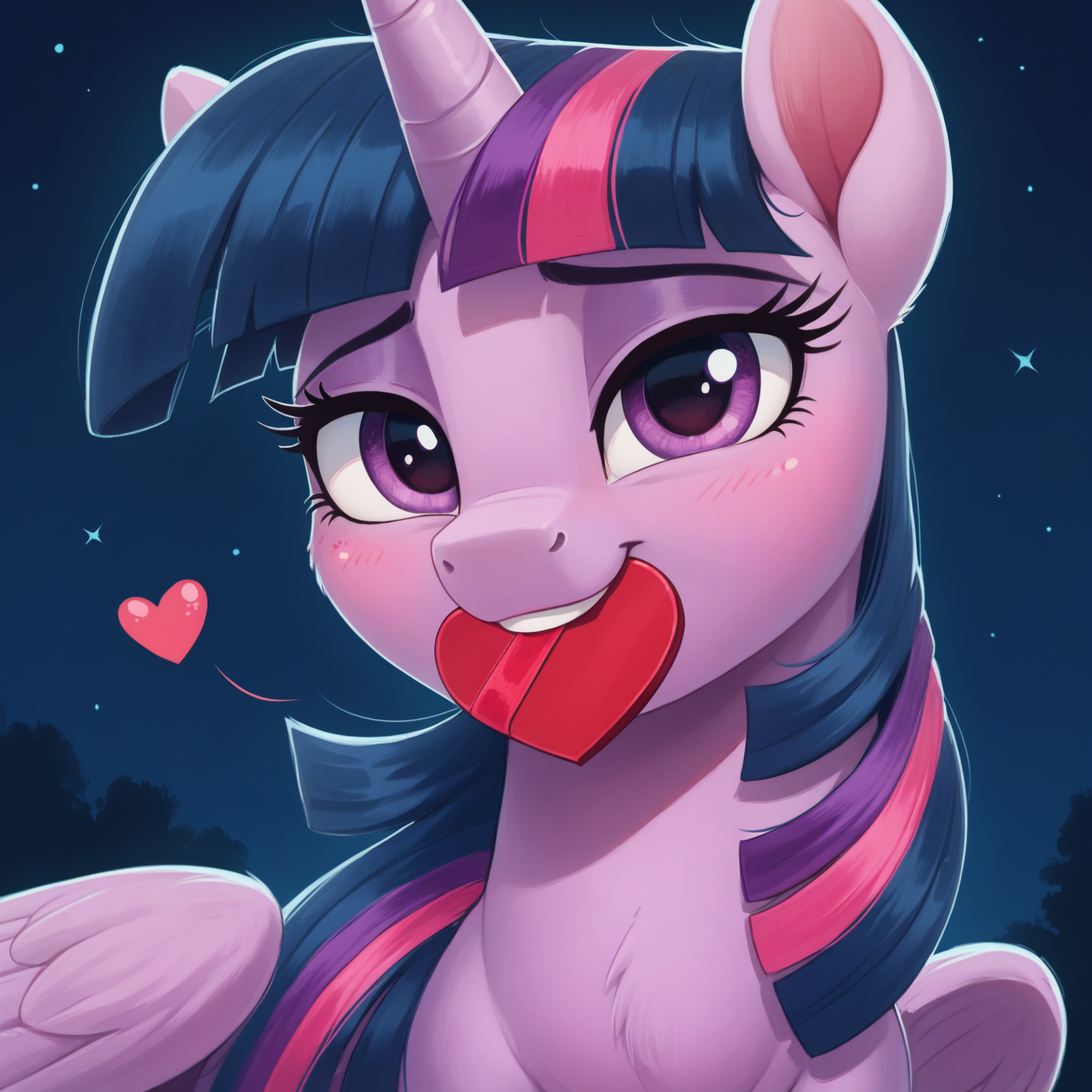 score_9, score_8_up, score_7_up, score_6_up, zPDXL, BREAK valentine's day, (night sky, night:1.2), heart, (face focus, close-up:1.4), 1girl, twilight sparkle, (pony, feral:1.1), alicorn, horn, valentine, <3, mouth hold, smiling, blushing, looking at viewer, happy, pixelsketcher <lora:Pixelsketcher_Style_Pony_XL_v2:0.6> <lora:Raps:0.8>