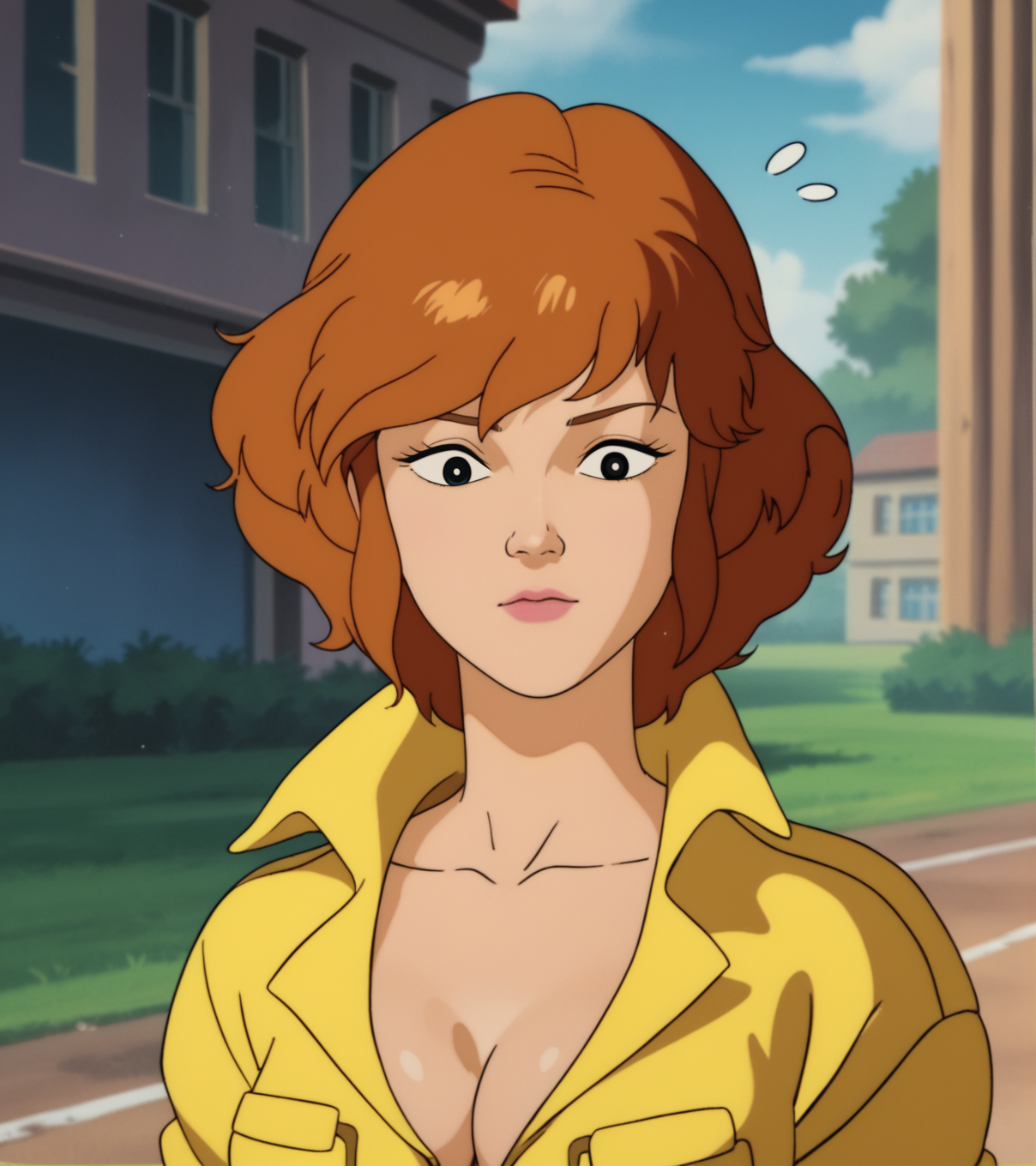score_9, score_8_up, score_7_up,  
apriloneil, yellow jumpsuit, face focus, blurry background, outdoors, day, breasts, cleavage, collarbone, flying sweatdrops, retro_artstyle, cartoon, source_cartoon, lowres, 1990s_(style), <lora:April_ONeil:1>