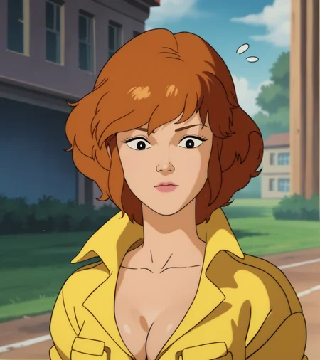 score_9, score_8_up, score_7_up,
apriloneil, yellow jumpsuit, face focus, blurry background, outdoors, day, breasts, cleavage, collarbone, flying sweatdrops, retro_artstyle, cartoon, source_cartoon, lowres, 1990s_(style), <lora:April_ONeil:1>