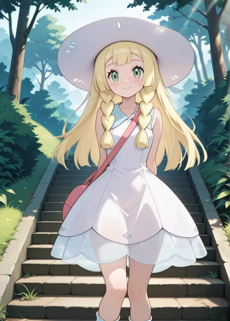 masterpiece, best quality, amazing quality, very aesthetic, absurdres, newest, detailed background, cowboy shot, outdoors, looking at viewer, official style,
lilliexd, 1girl, solo, green eyes, hat, dress, blonde hair, long hair, sleeveless, outdoors, braid, white dress, sleeveless dress, standing, white headwear, sun hat, smile, bag, twin braids, tree, see-through, arms behind back, socks, collared dress, day, bangs, eyelashes, knees, shoes, stairs, blush,
<lora:Lillie_-_Pokemon_Illustrious:1>