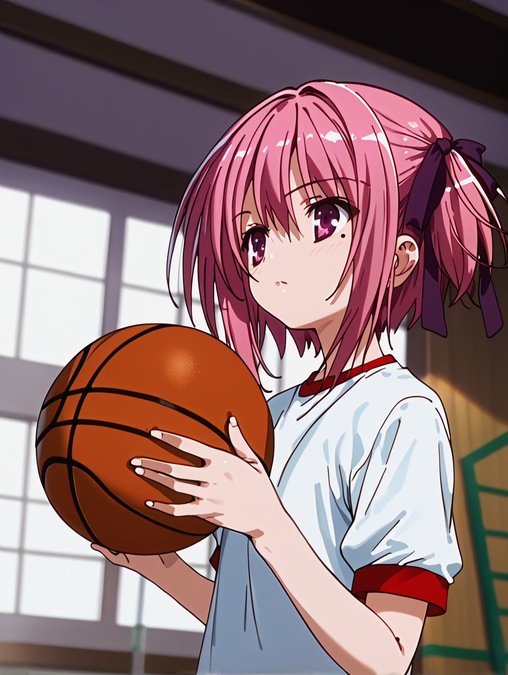 (zPDXL3), score_9, score_8_up, score_7_up, source_anime,
1girl, indoors, gym, upper body, 
gym uniform, basketball \(object\),
<lora:ro-kyu-bu_pony_v1-000012:1>, minato tomoka, short hair, hair ribbon, one side up,