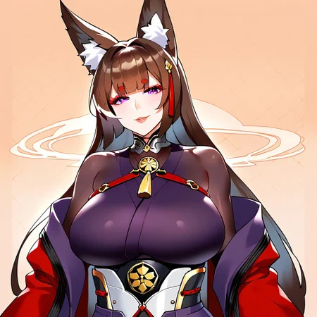 1girl, solo, portrait, close-up, smile, abstract background, masterpiece, amazing quality, best quality, very aesthetic, absurdres, zPDXL3, by marushin, BREAK, fox ears, thick eyebrows, purple eyes, red pupils, multiple fox tails, hair ribbon, metal choker, necklace tassel, bodystocking, purple kimono, white lace trim, red coat, wide sleeves, brown bridal gauntlets, metal wristband, metal sash, red belt tassel, purple hakama, geta, (mature female:1.2), tall female, large breasts, curvy, beautiful face, highly detailed faces and eyes,