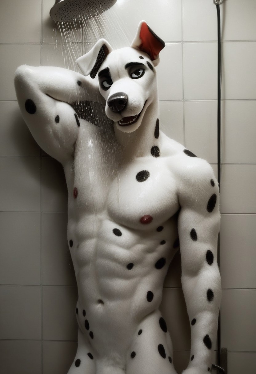score_9, score_8_up, score_7_up, photo, (score0, sexy pose), anthro, dalmatian, muscular, male, showering, nude steamy