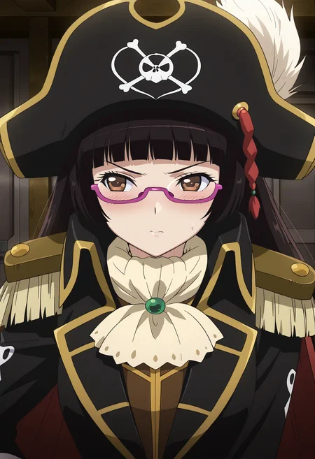 masterpiece, best quality, very aesthetic, absurdres, 1girl, solo,
<lora:chiaki_kurihara_v01:1>, chiaki_kurihara, chiaki_pirates, black hair, long hair, hime cut, brown eyes, under-rim eyewear, purple-framed eyewear,
pirate, pirate hat, hat feather, cape, epaulettes, ascot, posing, upper body, blush