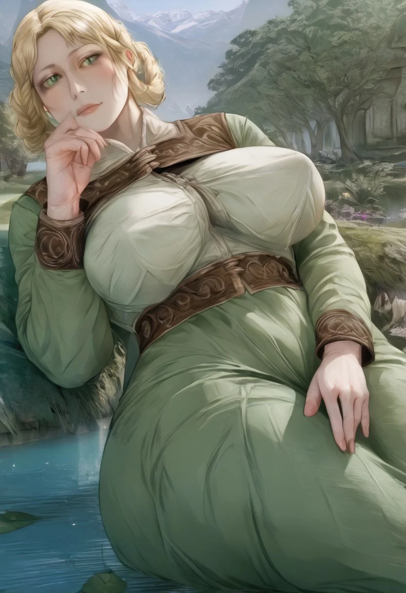 <lora:cutesexyronutts_style_xl:0.7> csr style, realistic, porn, BREAK, 1girl, Solo, Rya from Elden Ring, blonde, green eyes, huge breast, green tiny top cloak, laying down, hut, wide hips, daytime grass garden background, zPDXL2, zPDXLxxx, zPDXLrl, <lora:Pony_QualityV4.0:1.12>
