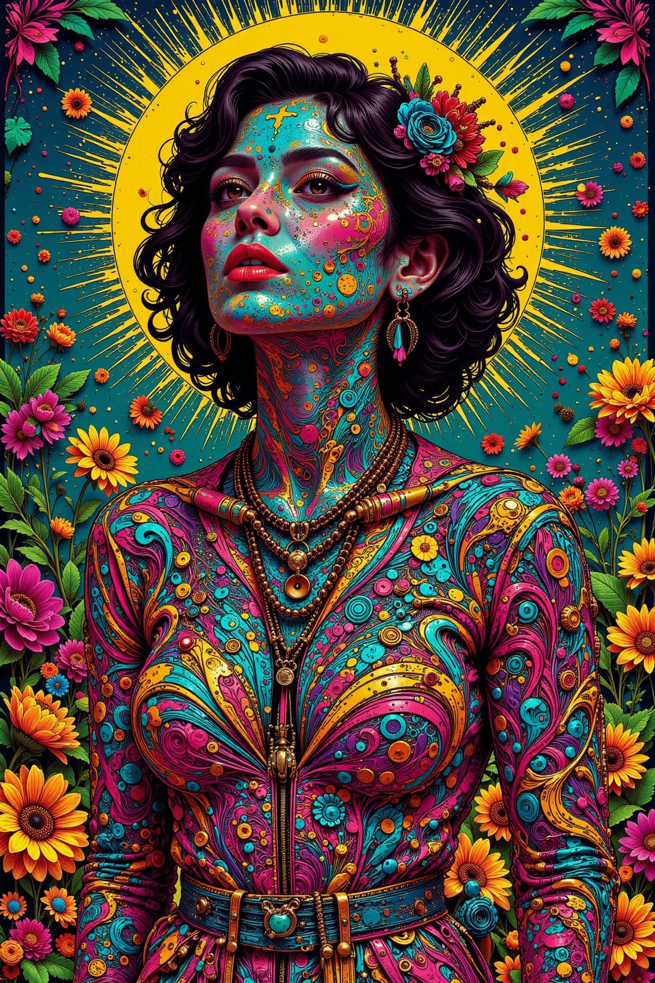 1970s 70's, early morning, woman, very intricate, very detailed, sharp, bright, colorful, <lora:Hand v2:0.5> <lora:Anti-Blur:1><lora:Insane Detail Slider:0.25>  <lora:flux.1_lora_flyway_Epic-detail_v2:0.3> <lora:fluxenhancer:0.25><lora:ck-Neon-Retrowave:0.4> ck-rw, in the style of ck-rw,  <lora:Neurocore Anime Cyberpunk:0.8> A digital artwork in the style of cknc