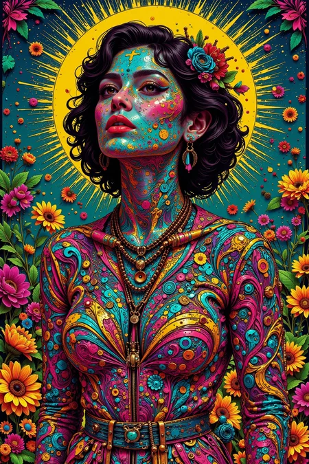 1970s 70's, early morning, woman, very intricate, very detailed, sharp, bright, colorful, <lora:Hand v2:0.5> <lora:Anti-Blur:1><lora:Insane Detail Slider:0.25> <lora:flux.1_lora_flyway_Epic-detail_v2:0.3> <lora:fluxenhancer:0.25><lora:ck-Neon-Retrowave:0.4> ck-rw, in the style of ck-rw, <lora:Neurocore Anime Cyberpunk:0.8> A digital artwork in the style of cknc