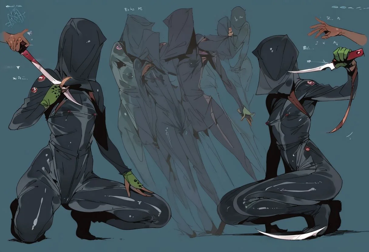 score_9, score_8_up, score_7_up, score_6_up, score_5_up, score_4_up, 1girl, black eyes, green tree, ((midnight)), tilted angle, loop lighting, (((forest))), solo, ((((holding sickle)))), Concept Art, (((((((camo bodysuit))))))), flat breasts, flat ass, skinny leg, skinny body, slim girl, (18 years old)), ((pettie)), narrow waist, flat chest, , (((short))), flat breasts, flat ass, narrow waist, ((flat chest)), (((short))), ((flat chest)), (((anorexic))), ((((dark skin woman))))), (((tight green glove))), ((((bodysuit)))), black hair, (((pixie cut))), (((smug))), ((green glove)), , ((nipple)), ((((((dynamic pose))))))) , ((((((dynamic hand))))))) , ((((((dynamic leg))))))) ,(((((((transparent black bodysuit)))))), ((((lesbian))))), ((((crouched on a very high tree)))), ((((character sheet)))), (black face), faceless