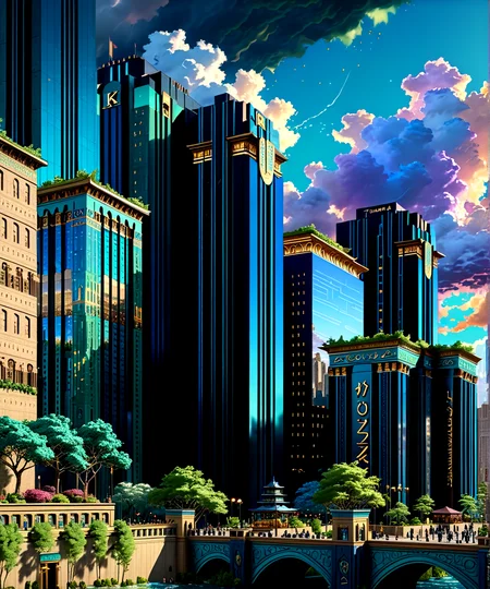 score_9, score_8_up, score_7_up,
<lora:Sumerian_Architecture_(Architecture)_(SDXL)_(AD):0.8> SSumerian, scenery, building, city, cityscape, monumental architecture, architecture, 
8K, In'ei, chiaroscuro, soft natural volumetric cinematic perfect light, perfect depth of field shot, ray tracing, photometry, beautiful, subsurface scattering, idealized modern city, busy city center, parks and greenery areas, parks, plazas, skyscrapers, hyper detailed, art by Thomas Kinkade, detailed background, detailed photographic fluffy anime clouds, Unreal Engine, CGI render, absurdly detailed, modern era photograph, masterclass oil painting, pastel colors, nature, 
BREAK zPDXL, zPDXLxxx, <lora:wowifierXL:0.2> art by mooncryptowow <lora:sdxl_lightning_8step_lora:0.4> <lora:detailed_notrigger:0.5>