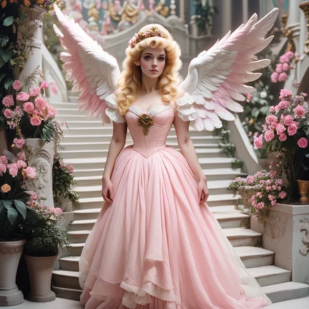 Score_9, score_8_up, score_7_up, score_6_up,  <lora:1890s_Rococo_OperaPony:1> ArsMovieStill, movie still from a pastel-colored 1890s Rococo fantasy opera movie, The image shows a woman in a pink dress with angel wings standing on a set of stairs surrounded by sculptures plants with flowers and a wall in the background., wings, 1girl, dress, angel wings, long hair, blonde hair, flower, feathered wings, solo