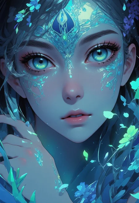 Create a close-up image of a fantasy elf’s face. Her skin glows with a soft, ethereal light and is adorned with neon tattoos that cover her face in intricate patterns. The tattoos emit a magical glow that illuminates her delicate features. Her eyes are large and bright, subtly changing between shades of blue and green, as if holding an ocean within them. Her long, silver hair frames her face, adding a touch of magic to the scene. The background features a starry sky that enhances the dreamy atmosphere , fantasy art, detail eyes, magic eyes, de01, fca_style, flowers, flowering style,