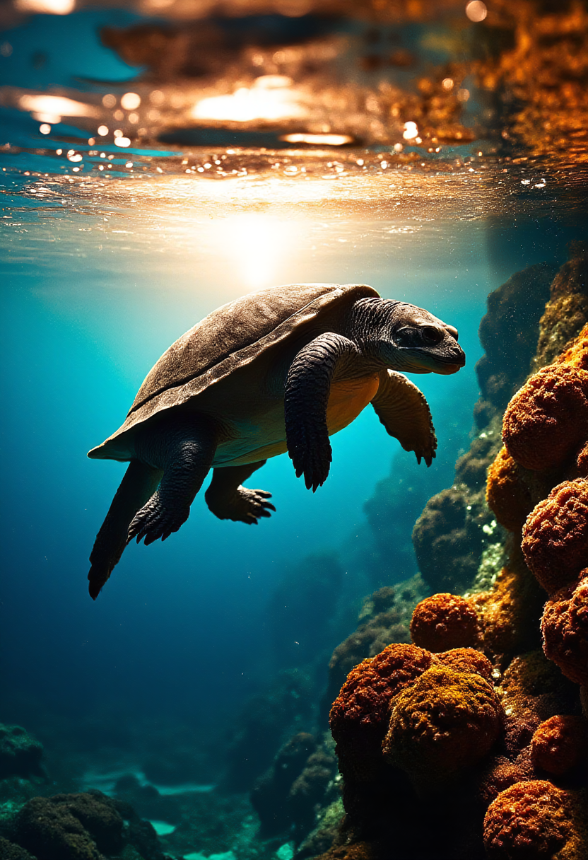 Alligator-sea-turtle hybrid, with a slightly elongated turtle body, carapace and a turtle tail, but with the powerful legs, head, and neck of an alligator. The hybrid swims through the water, its body undulating as it moves. The shot is taken from underneath, looking up at the hybrid as it glides through the sunlit water. The sunset colors dance across the waves, with the sun's rays reflecting off the water from below, casting a warm golden glow over the scene. On the sides and background are a vibrant coral_reef, creating a sense of depth and dimensionality. The water's surface is calm, with only a few ripples disturbing the reflection of the sunset colors. High contrast and dark, bold, thick outlines add to the dramatic effect. <lora:flux/The beauty of realism (FLUX)>, sunset, chiaroscuro, rays of light, play of shadow and light ,
