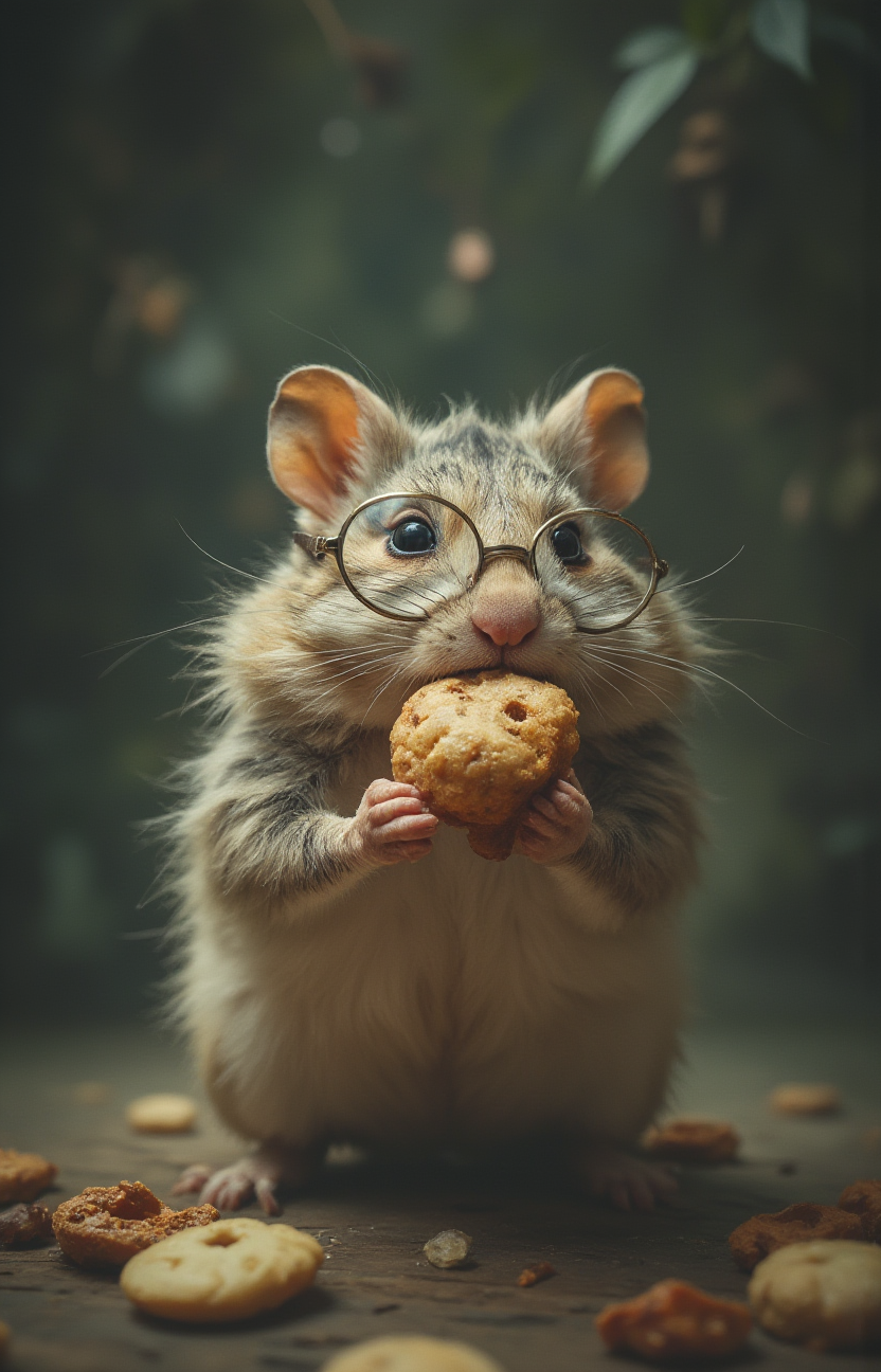 an intellectual philosophical hamster wearing glasses is contemplating about life ... and how he can fit even more food into his mouth causing his cheeks to bulge, a soothing and calm atmosphere   <lora:- Flux1 - soothing_atmo_V2.0:.7>