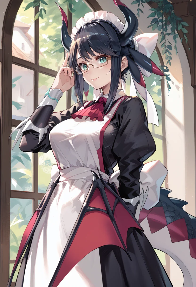 (score_9:0.9),score_8_up,score_7_up,rating_safe,anime style,(zPDXL),<lora:House Dragonmaid ponyXL v1:0.79>,house dragonmaid,1girl,glasses,solo,red ascot,maid dress,large breasts,smile,looking at viewer,adjusting eyewear,maid headdress,mob cap,cowboy shot,indoor,closed mouth,low dragon wings,silver fingerless gloves,